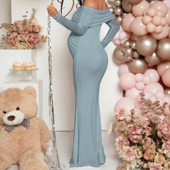 Baby Blue Elegant Women's Maternity Foldover Off Shoulder Mermaid Hem Dress - Picture 2 of 7